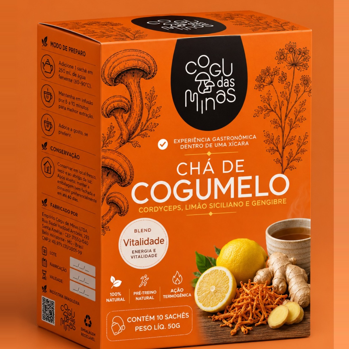 Chá de Cogumelo Cordyceps com Limão Siciliano e Gengibre